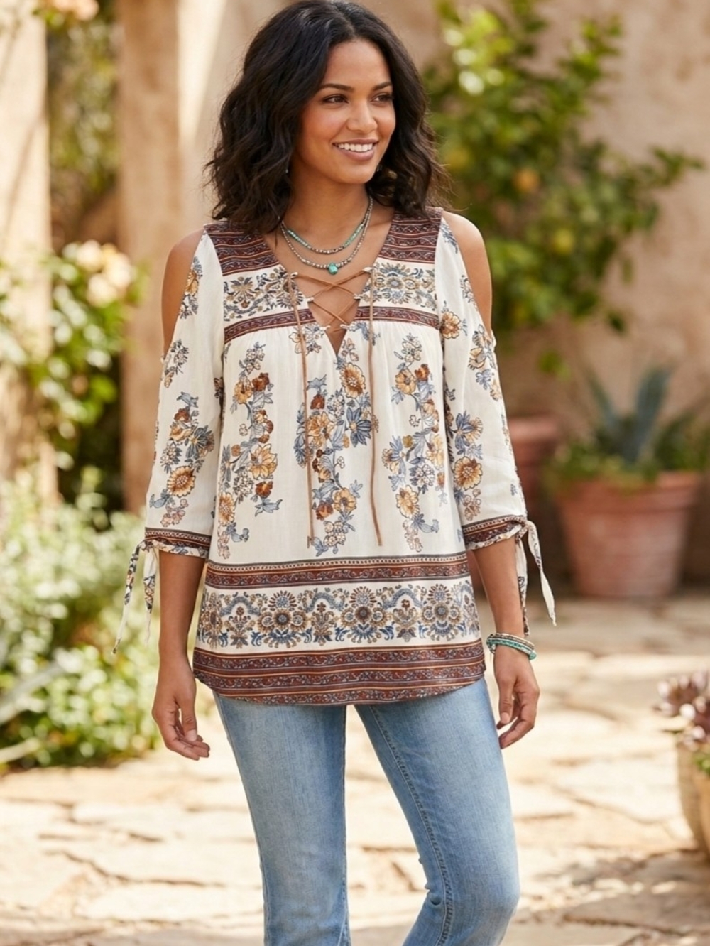 Boho Floral Cold-Shoulder Peasant Top